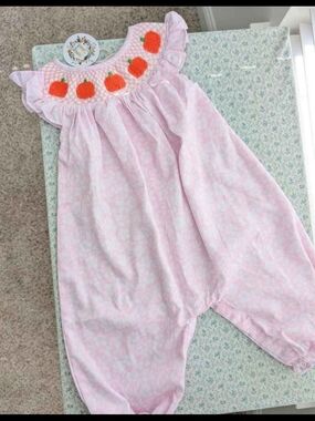 NWT 12 Mos Smocked SGS Pumpkin Pink Floral Romper